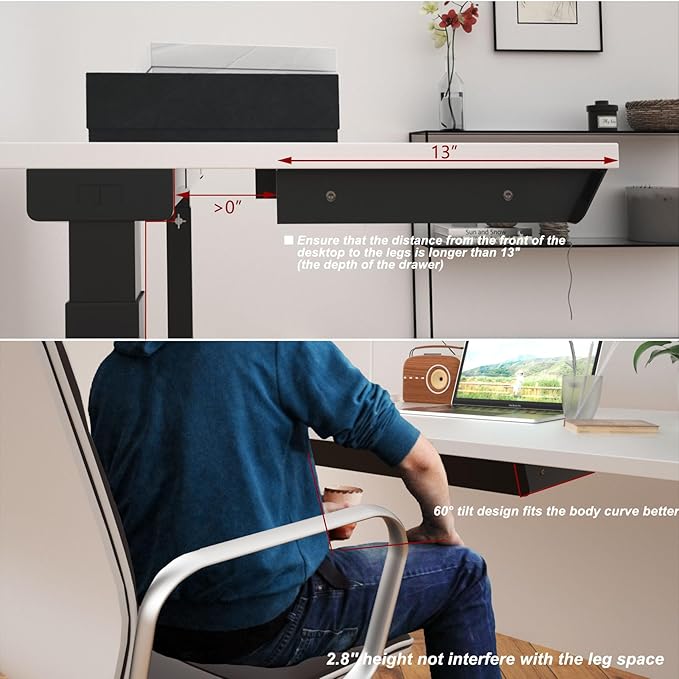 Large Under Desk Mounted Sliding Drawer with Bamboo Tray and 60 Degree Tilt Panel to Pull Out, 30'' Long & 13'' deep Large Storage Organizer for Sit Stand Workstation