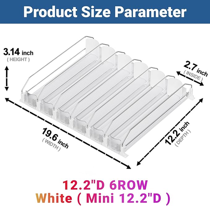 Drink Organizer for Mini Fridge,12oz 16oz 20oz - Soda Can Dispenser for Refrigerator,Width Adjustable,Automatic Pusher Glide (White (Mini 12.2"D), 12.2"D 6ROW, Holds 24 Cans)