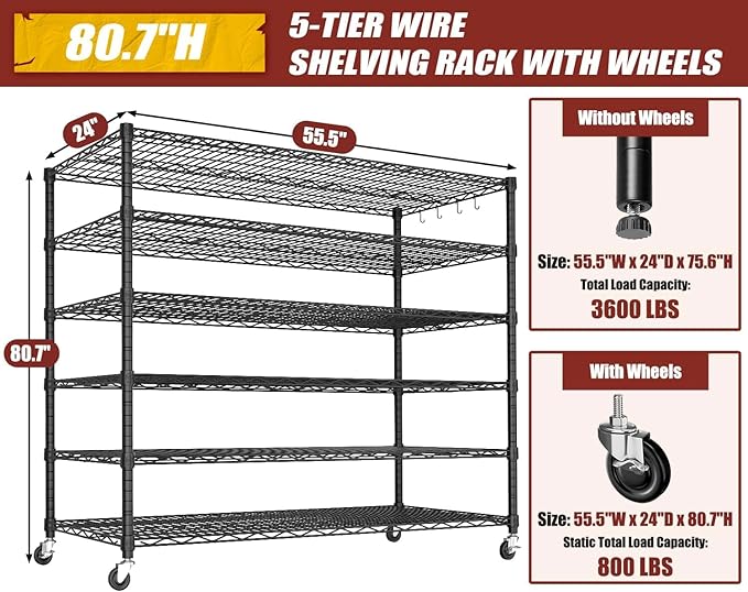 PrimeZone 6 Tier 80.7" H x 55.5" W x 24" D Wire Shelving with Wheels 3600lbs NSF Certified Storage Shelves Heavy Duty Metal Shelf Adjustable Rolling Rack Commercial Garage Restaurant Warehouse 8Pack