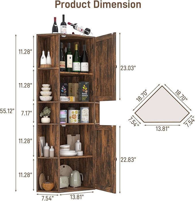 Farmhouse Corner Cabinet, Tall Corner Storage Cabinet with Barn Doors and Adjustable Shelves Wooden Display Bookshelf Pantry Cabinets Organizer Home Furniture for Bathroom, Living Room