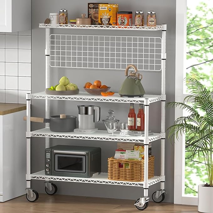 Leteuke Bakers Rack with Storage & Wheels, 42 Inch Microwave Stand Kitchen Shelves, 4-Tier Heavy Duty Microwave Cart Storage Rack with 20 S-Hooks, Metal Utility Kitchen Cart, 42× 18× 63 Inch, White