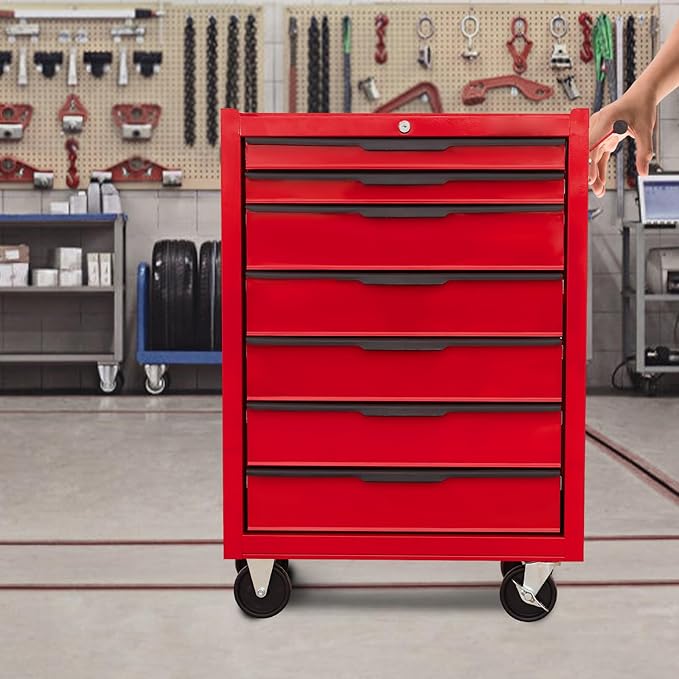 7-Drawer Rolling Tool Chest Cabinet, Large Capacity Metal Tool Box with Wheels and Cylinder Locking, Roll Around Storage Organizer Tool Cart for Garage, Warehouse, Work Shop - Red