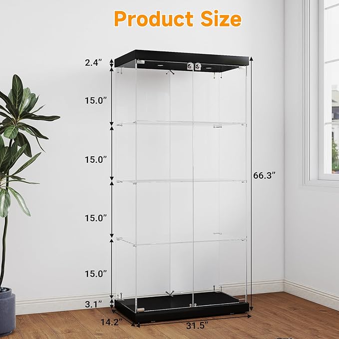 Tempered Glass Display Cabinet with Lights, 4-Tier Curio Cabinet with Glass Doors Wheels Two Locks, Glass Display Case for Collectibles for Living Room, Bedroom, Office, Black, Double Door