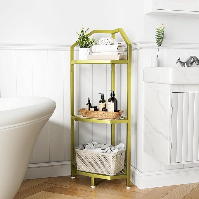 3-Tier Corner Shelf Stand, Gold Corner Bookshelf, Bathroom Storage Rack Shelf, Plant Rack, Tempered Glass, Steel Frame, Modern Style for Living Room, Bathroom, Kitchen, Metallic Gold