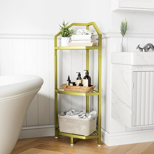 3-Tier Corner Shelf Stand, Gold Corner Bookshelf, Bathroom Storage Rack Shelf, Plant Rack, Tempered Glass, Steel Frame, Modern Style for Living Room, Bathroom, Kitchen, Metallic Gold