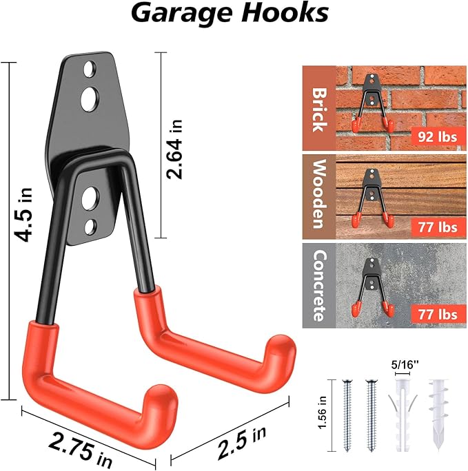 4 Pack Heavy Duty Garage Hooks,Solid Steel Wall Mount Hangers,with Anti-Slip Coating,for Hanging and Organising Ladder,Bike,Ropes,Broom,Garden,Yard and Power Tools(4.5x2.75 inch)