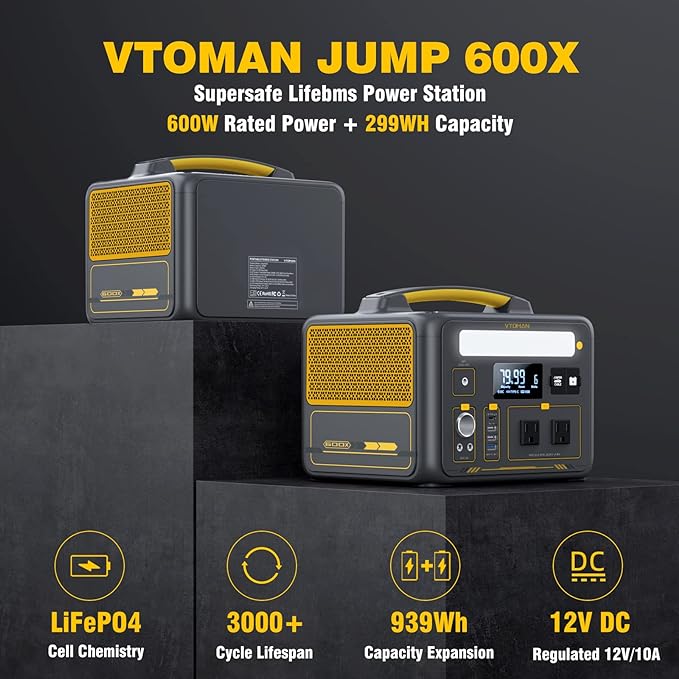 VTOMAN Jump 600X Portable Power Station 600W, 299Wh Solar Generator LiFePO4 Battery Power Station with Jump Start for Car, 1200W AC Outlet, PD 60W USB-C, 3x Regulated 12V/10A DC for Camping, RV Travel