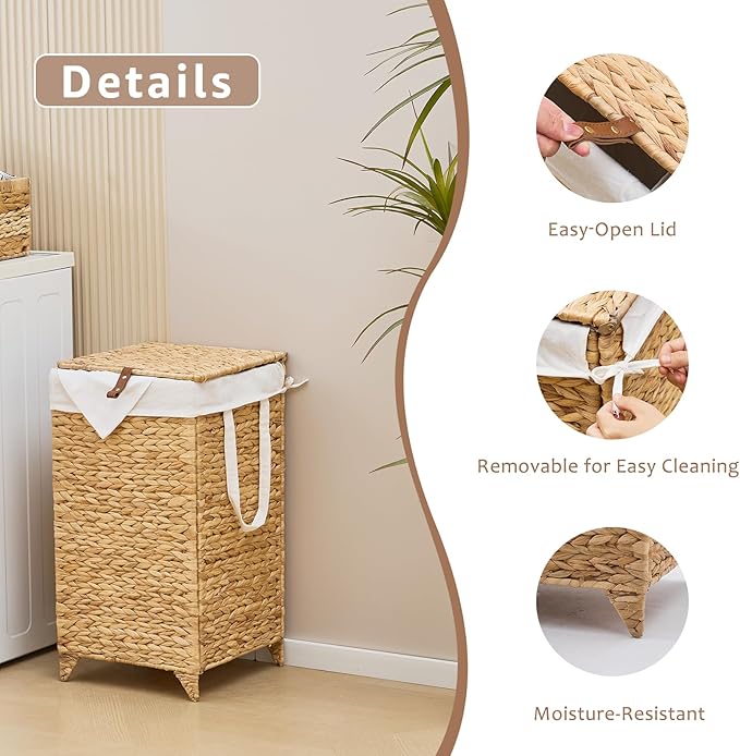 Laundry Hamper with Lid and Removable Liner Bag, Handwoven Natural Hyacinth Clothes Hamper with Heightened Feet, Wicker Laundry Basket for Clothes and Towels，Small