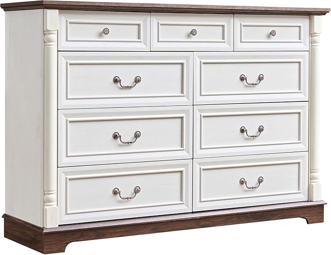 Farmhouse 9 Drawer Dressers for Bedroom, 54" Wood Chest of Drawers, Big Dressers with deep Drawers & Roman Column, Antique White