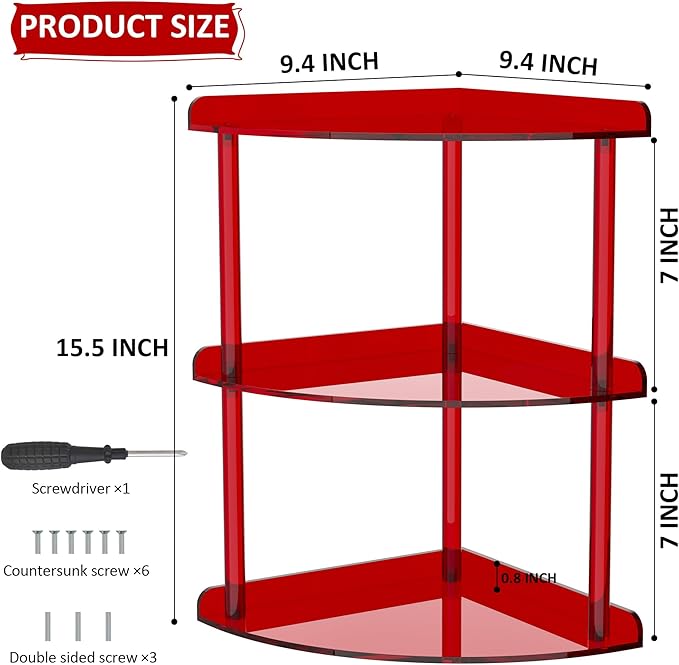 3 Tier Acrylic Corner Shelf Organizer Storage 9.5x9.5x15.7 Inch, Red Countertop Corner Shelf for Bathroom, Kitchen, Bedroom, Office, Study Room