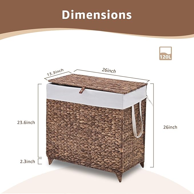 Laundry Hamper with Lid and Removable Liner Bag, Handwoven Natural Hyacinth Clothes Hamper with Heightened Feet, Wicker Laundry Basket for Clothes and Towels，Large, 2-sections
