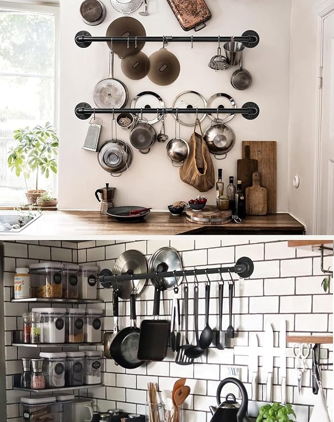 Industrail Pipe Pot Pan Rack, Wall mount Pot hangers Pan Haniging Rail Lid Hnager for kitchen with S Hooks (39"-2 Pack)