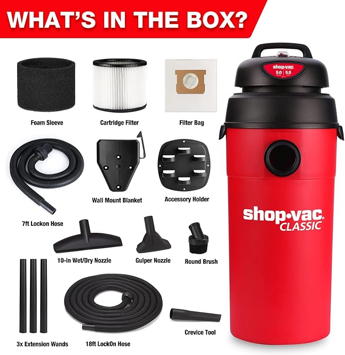 Shop-Vac 5 Gallon 5.5 Peak HP Wet/Dry Vacuum, Wall Mountable Compact Shop Vacuum with 18+7Ft Long Hose & Attachments, Ideal for Jobsite, Garage, Car & Workshop. 9522236