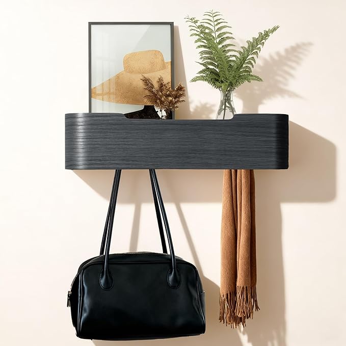 Wall Coat Rack Floating Shelves Modern Coat Rack Wall Mount with Storage Entryway Shelf Wooden Hanger 20 Inch 4 Hidden Metal Hooks for Living Room Bedroom (Black, 4 Hooks)