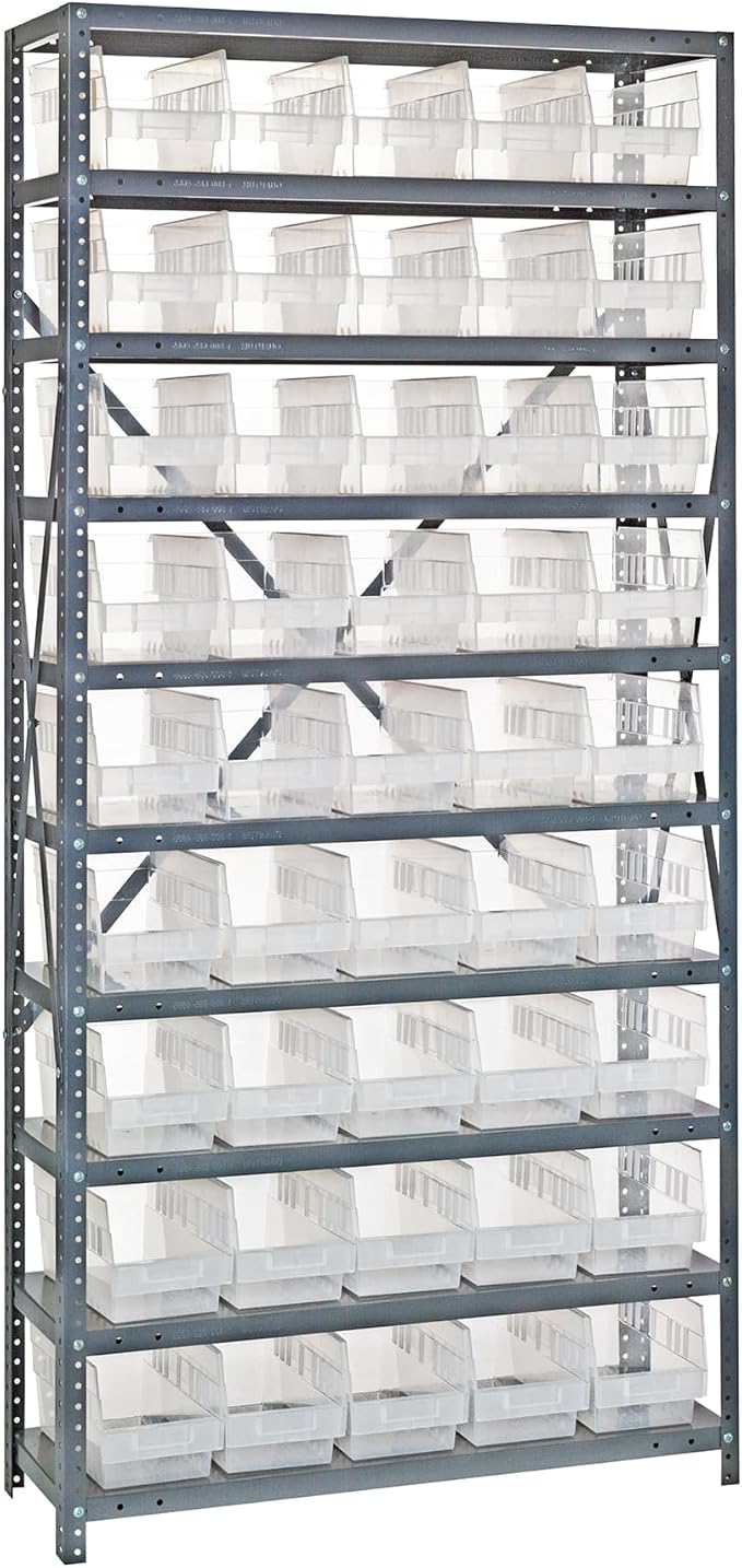 Quantum Storage Systems 1275-202CL Solid Heavy Duty 10 Shelves 45 Store-More Clear Bins 75" H x 36" W x 12" D