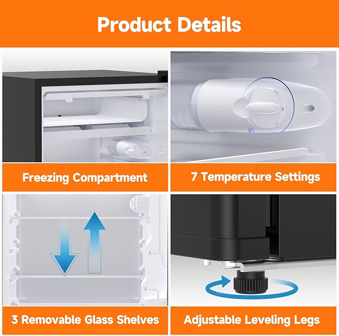 4.3 Cu.Ft Mini Fridge With Freezer, Single Door Mini Fridge w/7 Settings Temperature Adjustable, Mini Refrigerator for Apartment, Bedroom, Office, Dorm, Black