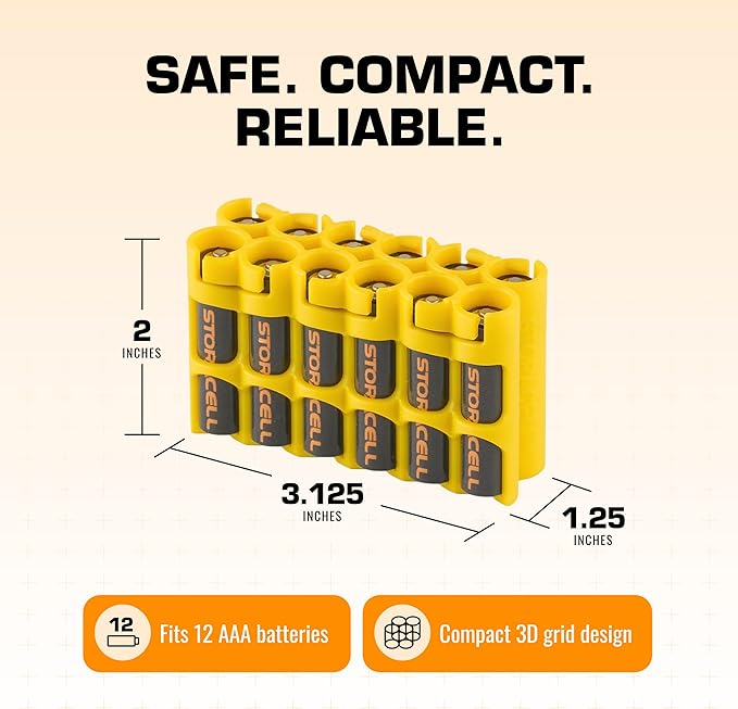 AAA Battery Storage Caddy by Storacell, Yellow, Holds 12 Batteries (Not included)