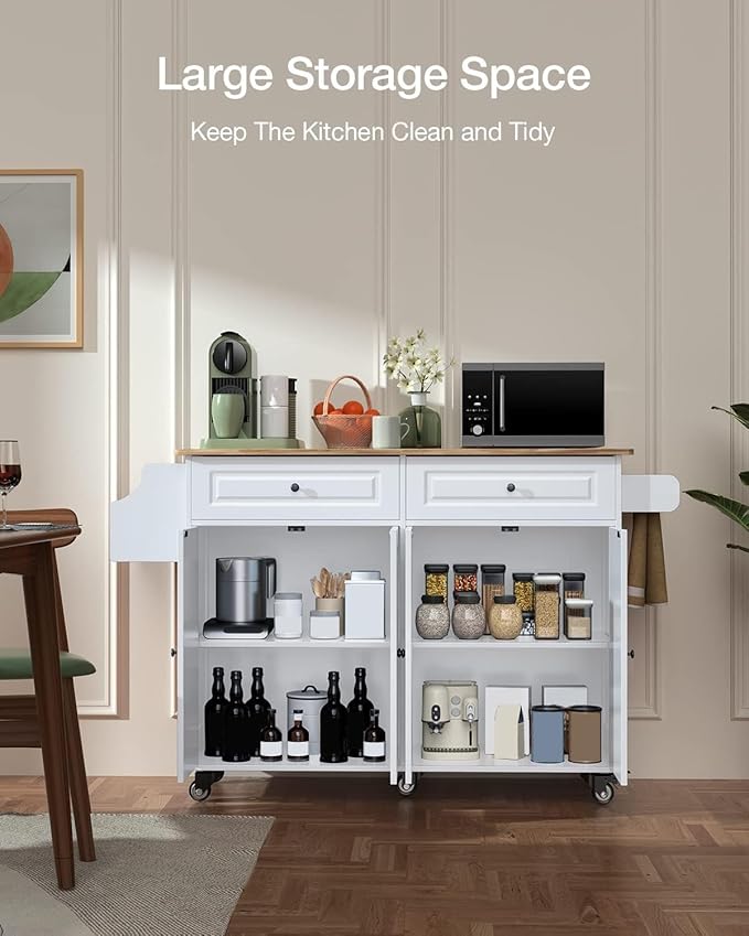 Kitchen Island on Wheels Kitchen Cart with Rubber Wood Top, Mobile Kitchen Island with Double Storage Cabinet and Drawers, Island Table for Kitchen (White)