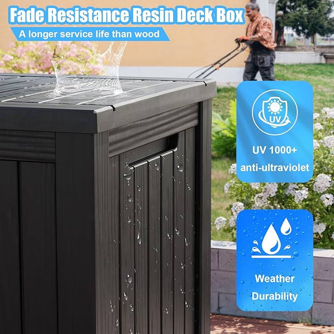 200 Gallon Outdoor Deck Box,Storage Lockable Waterproof Patio Furniture,Garden Tools,Cushions,Pool Accessories Outside Storage Resin Box(Black)