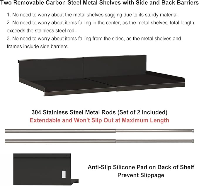 Expandable Under Cabinet Shelf Organizer with 0.94-Inch Thick Clips, Heavy Duty Extendable Under Shelf Storage Basket for Pantry or Laundry Room, Black, 2 Pack, Interior: 4.13" H x 8.54" D