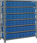 Quantum 1839-604BL Heavy Duty Shelving Unit with (7) Shelves and (54) Blue QED604 Bins for Garage Warehouse Storage Distribution | 400 lb Load Capacity | 18"D x 36"L x 39"H, Galvanized Carbon Steel