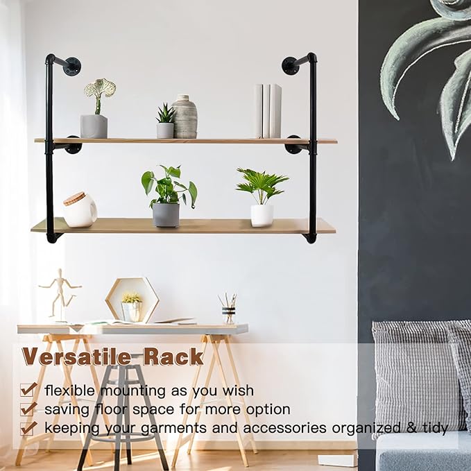 Clothes Hanger Pole Wall Mount, 72" Heavy Duty Detachable Black Iron Garment Bar Hanging Rod Holder, Clothes Rail Shelf Wardrobe Organizer for Laundry Room & Closet Storage, 3 Base