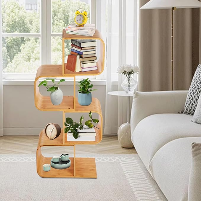 4-Tier S-Shaped Bookcase, Office Bookshelf with 4 Open Cubes, Geometric Bookshelf Rack, Freestanding Display Shelf Storage Organizer for Living Room Study Home Office