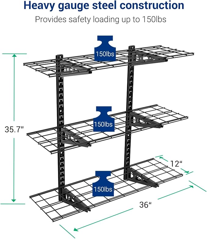 FLEXIMOUNTS 3 Tier 1x3ft Garage Storage Wall Shelving, 12x36inch per Shelf Height Adjustable Floating Shelves, 450lbs Total Weight Capacity, Black, Classic Series