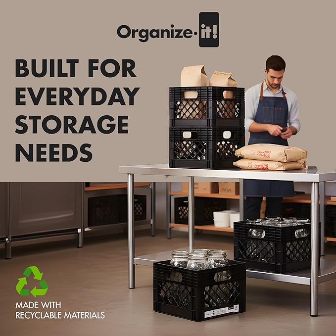 ORGANIZE-IT! 4 Pack Storage Milk Crate, Heavy Duty Versatile Box Organizers with Easy-Grip Handles, Interior 12.25"L x 12.25"W x 10.5"H, Black