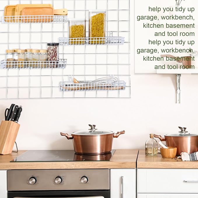 Blulu 4 Pcs 15.75 x 5.91 x 1.97 Inch Metal Grid Wall Baskets with Hooks Grid Wall Shelves Hanging Wire Basket Multi Function Storage Organizer for Kitchen Organizing Display (White)