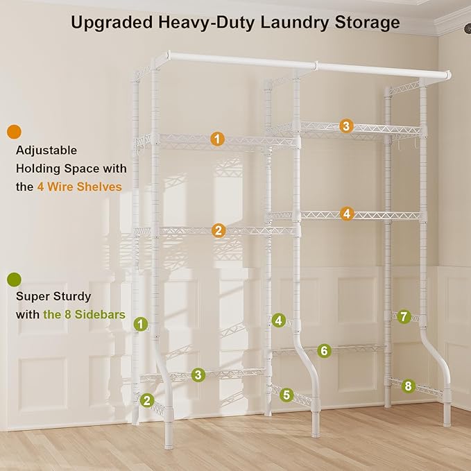 U14 Medium Over the Washer and Dryer Shelves, 4 Tiers Laundry Room Storage and Organizer System, Space Saving Clothes Drying Rack with 2 Clothes Hanger Rods, 57.8"W x 20.5"D x 77.4"H, White