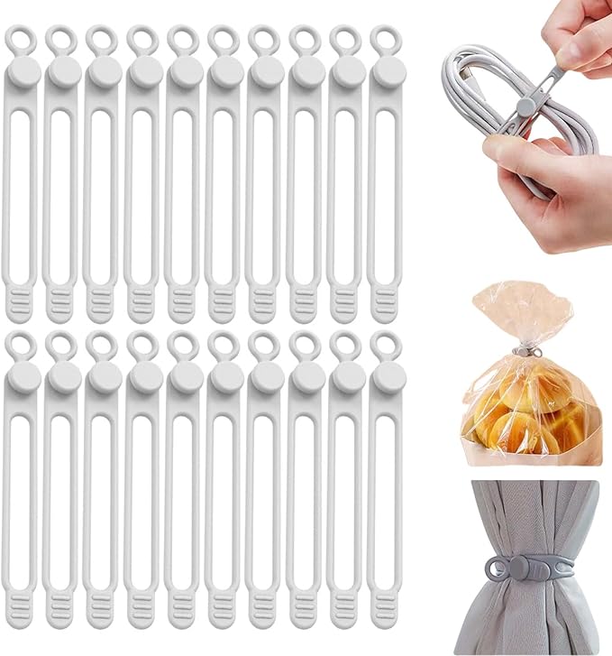Data Cable Organizer, Silicone Cable Ties Reusable - Elastic Cord Organizer for Electronics, Adjustable Wire Ties for Cable Management,Computer Wires,Phone Charger,Earphone,Home Office (White, 20PCS)
