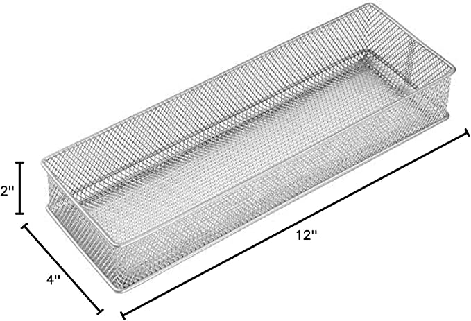 YBM HOME Silver Mesh Drawer Organizer and Storage for Kitchen Drawers, Serves as School Supply Holder, Office Desktop Organizer Basket, Makeup and Craft Supplies Organization, (1 Unit, 4x12x2 Inch)
