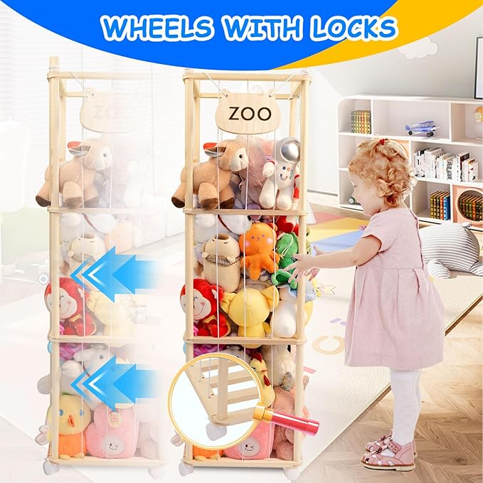 Stuffed Animal Storage, Wood Stuffed Animal Zoo Storage, Space Save Stuffed Animal Holder, Plush Toy Storage Organizer with Brake Wheels for Bedroom Playroom Nursery Bedroom
