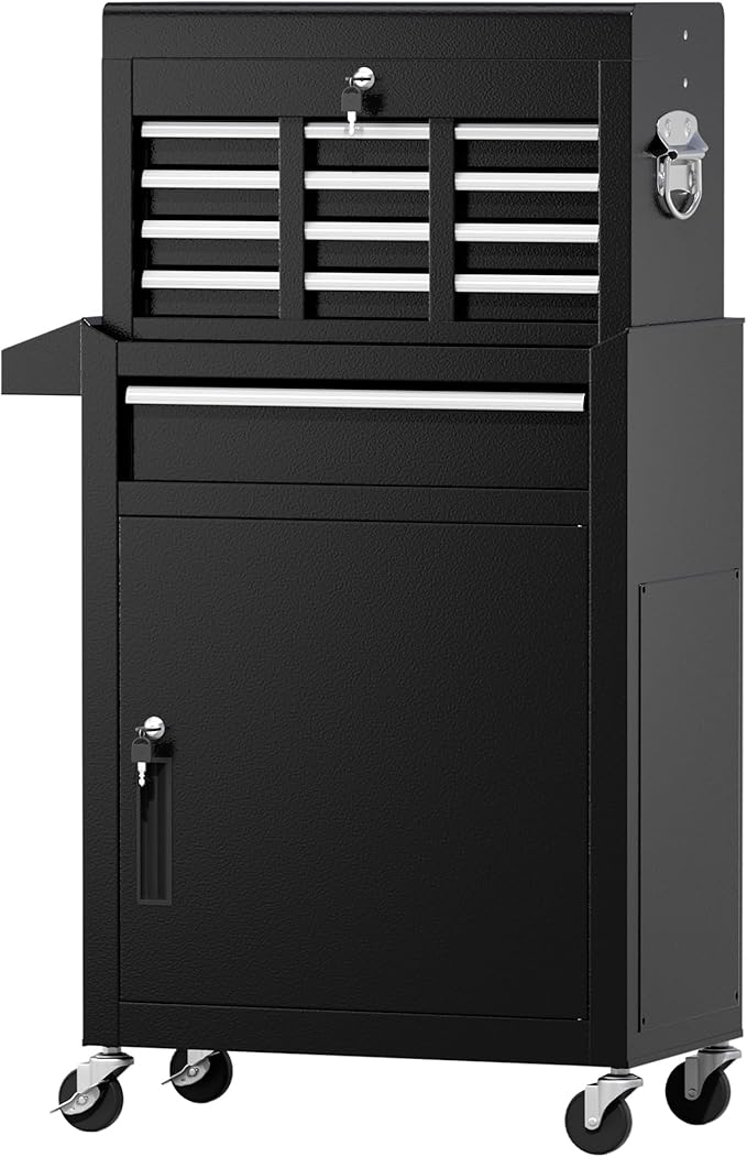 Greenvelly Tool Chest, 5-Drawer Rolling Tool Chest with Hooks and Lockable Wheels,Metal Storage Detachable Top Tool Box with Lockable Wheels for Garage,Workshop,Art Studio(Black)