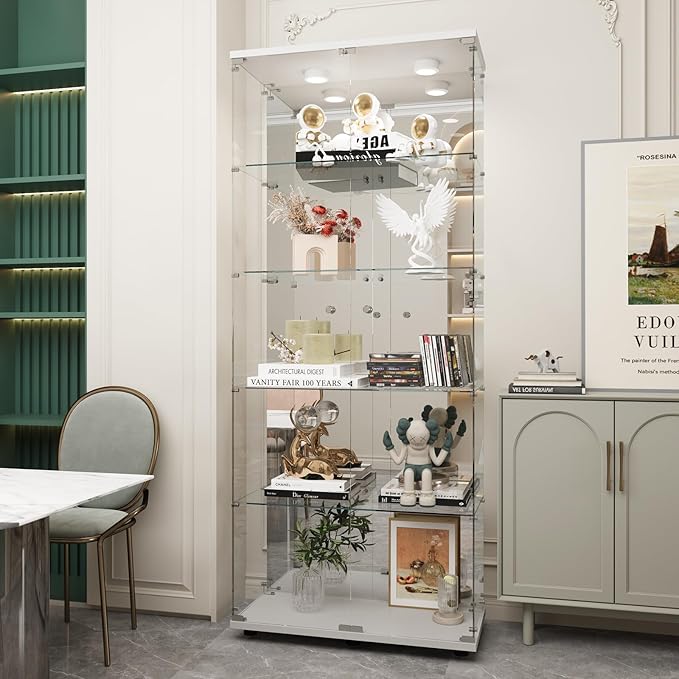 Beauty4U Glass Display Cabinet with LED Lights and Mirror, 5 Shelves with 2 Doors, Curio Cabinets for Living Room, Bedroom, Office, White Floor Standing Glass Bookshelf, Quick Installation