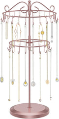 iDavosic.ly 2 Tier Rotating Necklace Holder Organizer with 42 Hooks, Adjustable Metal Bracelet Display Stand Rack, Extra Tall Keychain Spinning Tree Tower for Women, Rose Gold