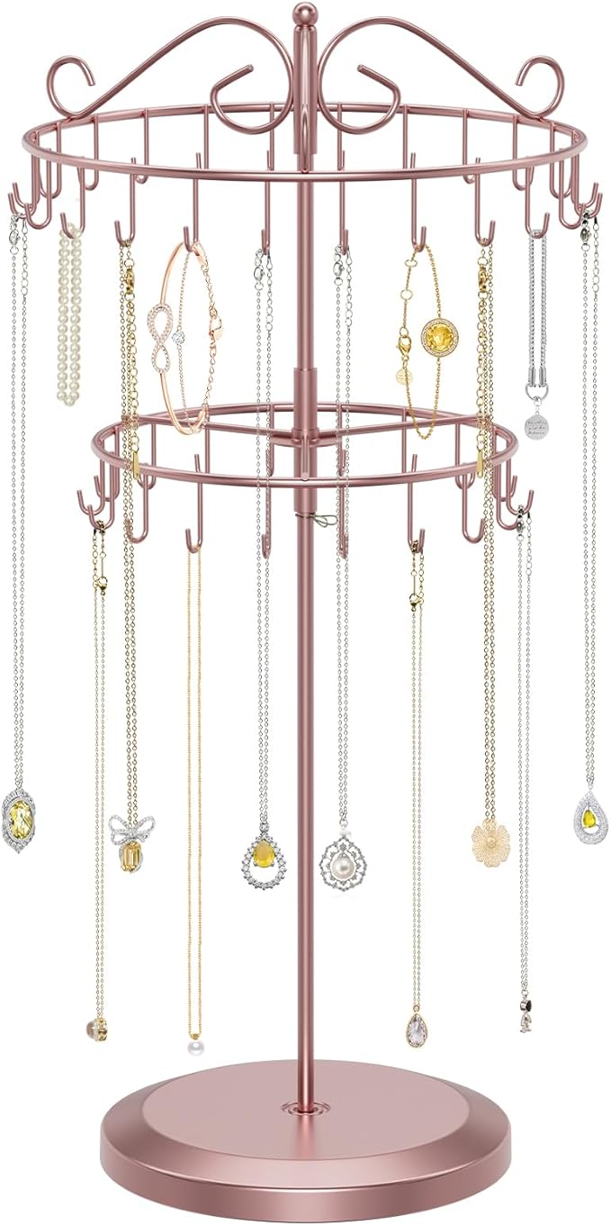iDavosic.ly 2 Tier Rotating Necklace Holder Organizer with 42 Hooks, Adjustable Metal Bracelet Display Stand Rack, Extra Tall Keychain Spinning Tree Tower for Women, Rose Gold