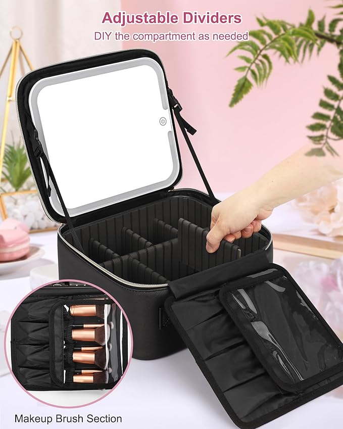 Relavel Initial Makeup Bag with LED Mirror for Women Girls, Personalized Travel Cosmetic Organizer Train Case, Birthday Gifts for Grandkids Bridesmaid Graduation Teacher Friends, Trendy Stuff, Black L