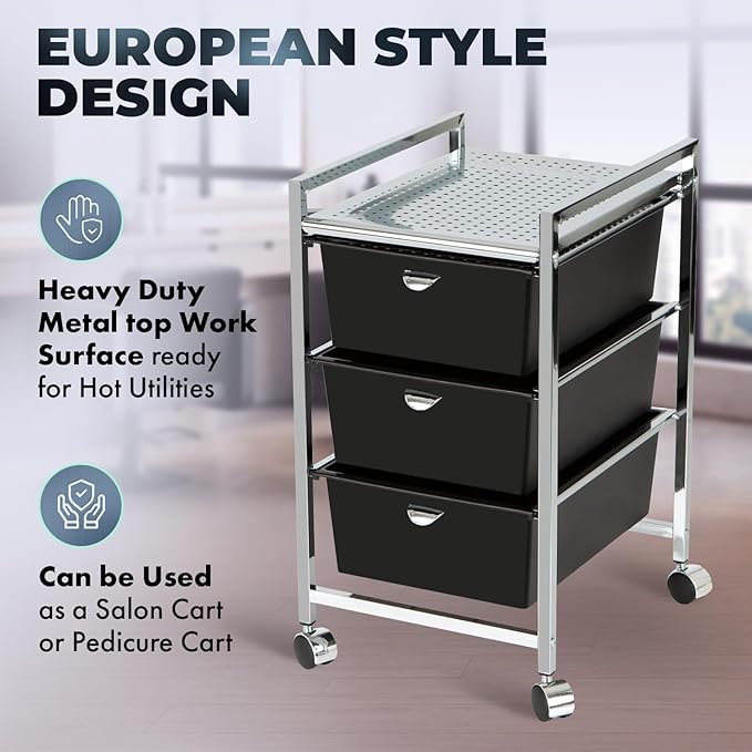 Pibbs D23 Metal Salon Roller Cart, 3 XL Removable Drawers, Heavy-Duty Utility Pedicure Cart on Wheels, European Style Design, Hot Tool Safe Work Surface