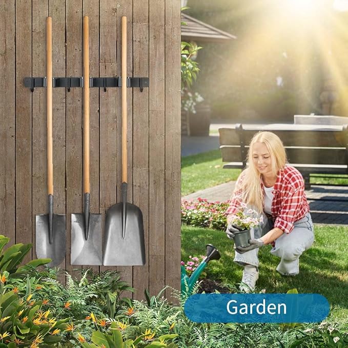 Broom Hanger and Mop Holder, Heavy Duty Garden Tool Organizer Rack Rake and Shovel Handle, Stainless Steel Wall Mounted Utility Rack with Screws (3 Racks with 4 Hooks, Matte Black).