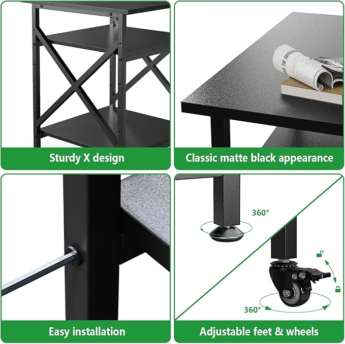 Ollieroo 3 Tier Printer Stand, Large Table with Wheels, Rolling Cart with Height Adjustable Middle Storage Shelf, 23.6 x 23.6 x 30.3 Inches Shelf for Home Office, Black