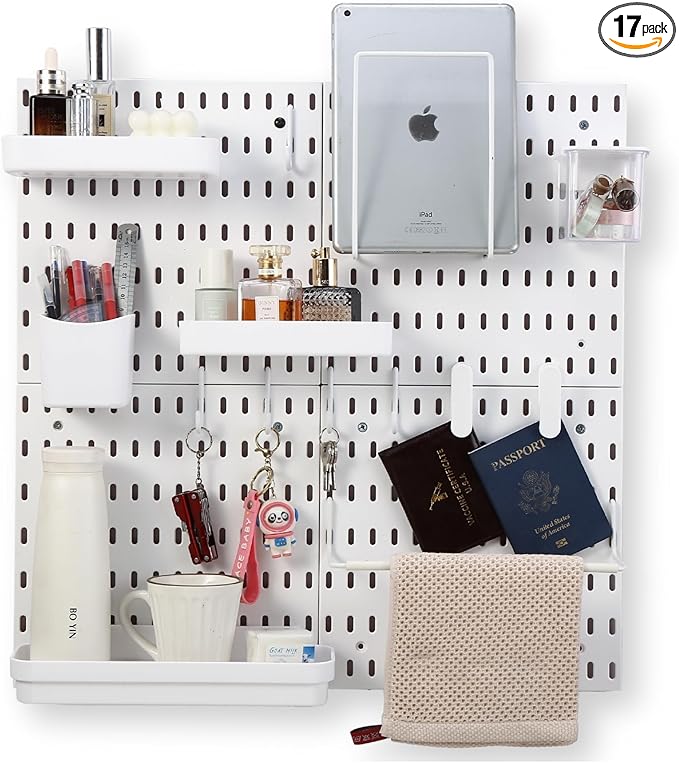Peg board Set - 17 pcs Pegboard Kit, Includes 4 Pegboards with 13 Different Accessories, Pegboard Wall Organizer, Peg Boards for Wall Craft Room for Kitchen, Garage, Workshop, Tool Accessories | White