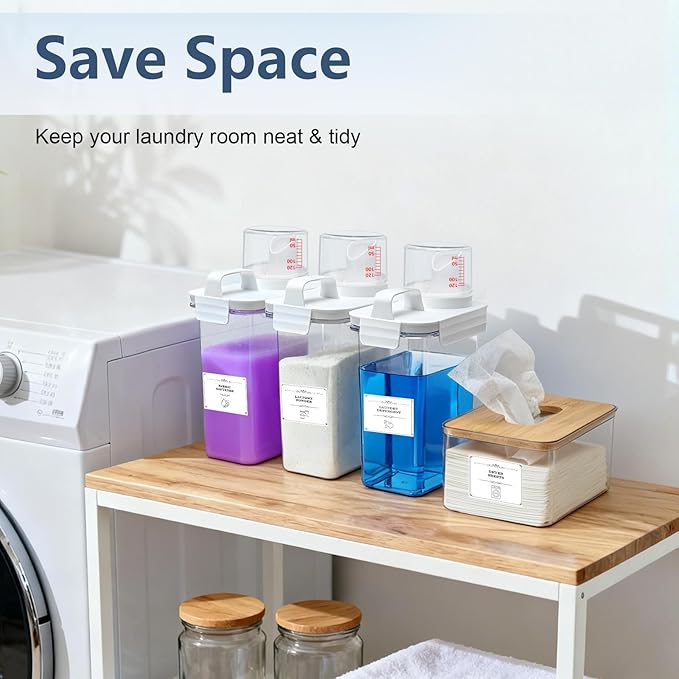 2+1 Pack Laundry Detergent Dispenser and Dryer Sheet Holder Set, 61 oz Laundry Soap Dispenser, Plastic Liquid Fabric Softener Dispensers for Laundry Room Organization with 12 Labels