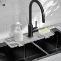 Meiliweser Silicone Faucet Mat for Kitchen Sink – Gen 3 10° Slope Splash Guard with Cuttable Hole – 14” x 5.5” Drip Catcher & Sponge Holder for Kitchen, Bathroom (Gray)