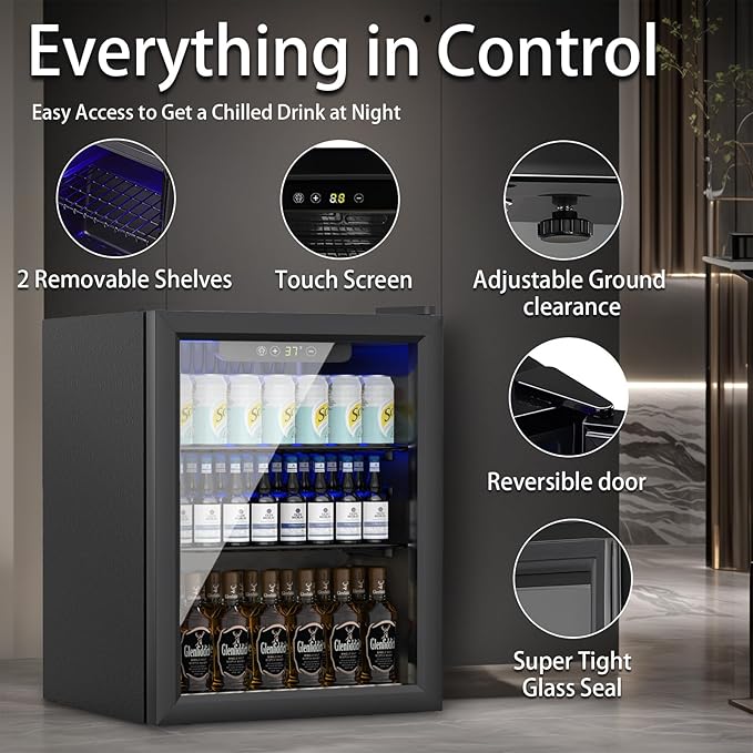 Mini Fridge 70 Can Beverage Refrigerator, 1.7 Cu.Ft Drink Fridge with Reversible Glass Door for Soda Wine Beer, Adjustable Temperature Control for Home Office Bar, Black(37-61 ℉)