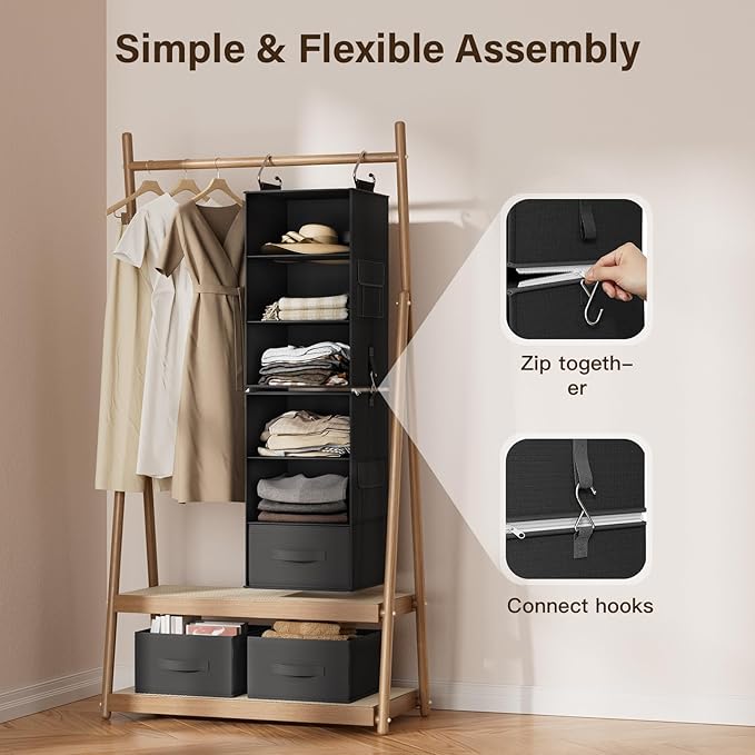 Pipishell 6-Shelf Hanging Closet Organizer, Hanging Shelves with 2 Separable 3-Tier Shelves, Closet Shelves Organizer with 3 Removable Drawers for Wardrobe, Nursery, Baby Clothes, Black