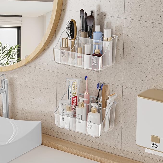 Clear Toothbrush Holders for Bathroom Organizers and Storage, Wall-Mounted Tooth Brush Holder and Toothpaste Holder for Bathroom Wall, Countertop - Bathroom Accessories, 2 Packs