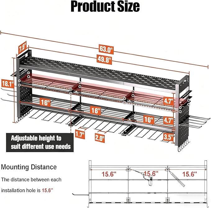 49" W Super Large Power Tool Organizer Wall Mount,Heavy Duty Cordless Tool Organizer with 14 Drill Holder,450 Lbs Capacity 4-Layer Garage Organization for Garage and Workshop (Black)