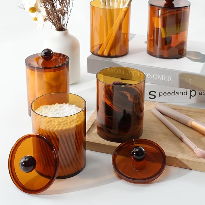 2 Pack Qtip Holder,Canister Apothecary Jar Set, Bathroom Jars with Lids Set for Cotton Swabs, Balls, Pads, Floss Picks,10oz-12oz Plastic Canisters Restroom Bedroom Vanity Organizer(Brown)